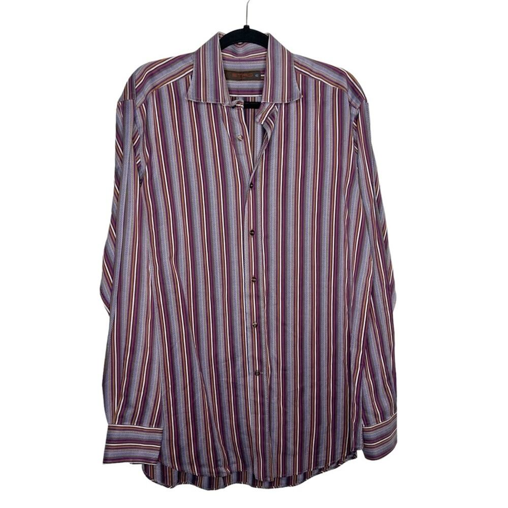 ETRO / printed striped long sleeve collared button up shirt / 42 (large)